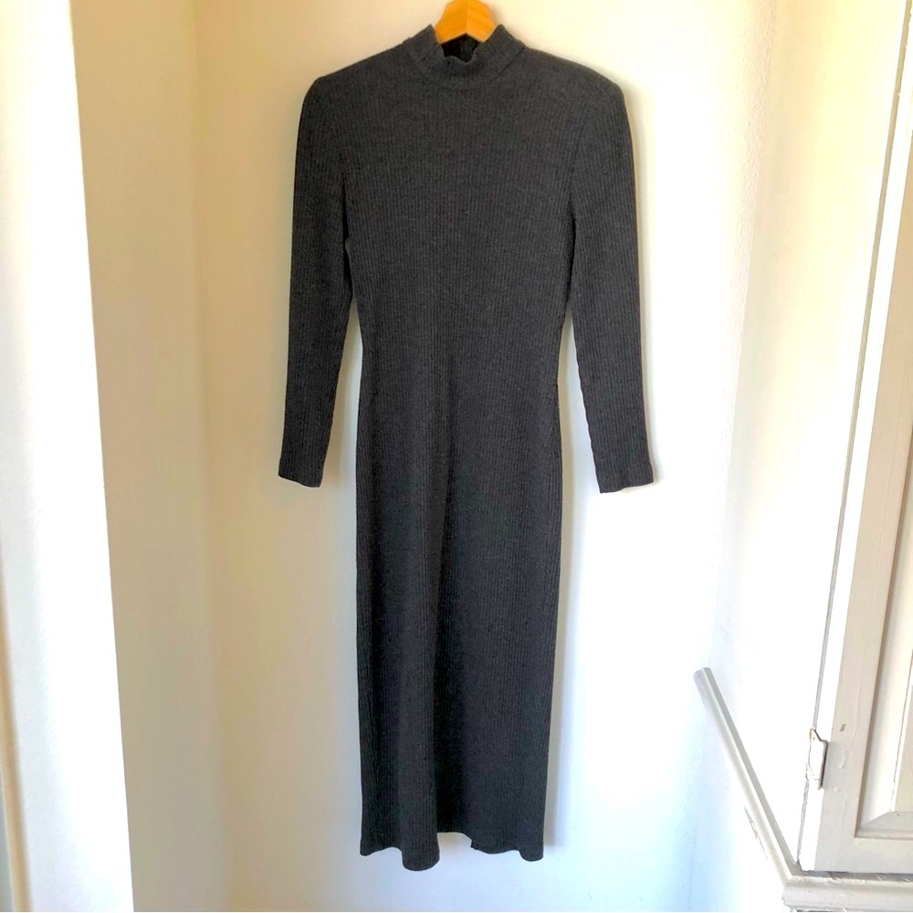 Vintage 80s, Gray, Ribbed Knit, Sweater Dress, Women’s S Long Sleeve, Mock Neck - Picture 3 of 14